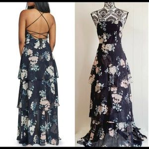 SHOW ME YOUR MUMU Calypso Strappy Tiered Maxi Floral Blue Pink Dress XXS
